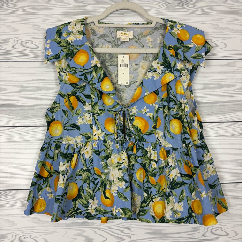 Maeve By Anthropologie Floral Lemon Print Babydoll Blouse Size Medium NWT - Picture 2 of 9